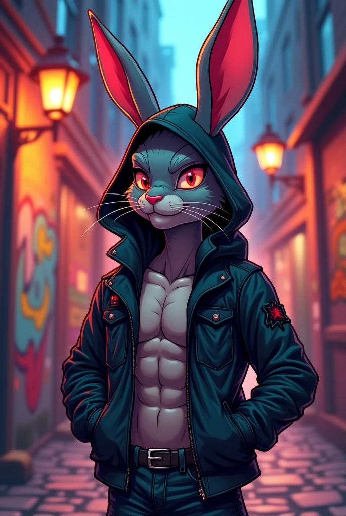 cartoon animal bad male rabbit with hood and black jacket without shirt and abs