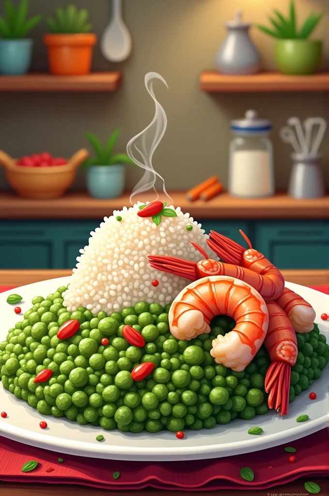 make a cartoon style drawing, of a dish of maniçoba with rice and shrimp.