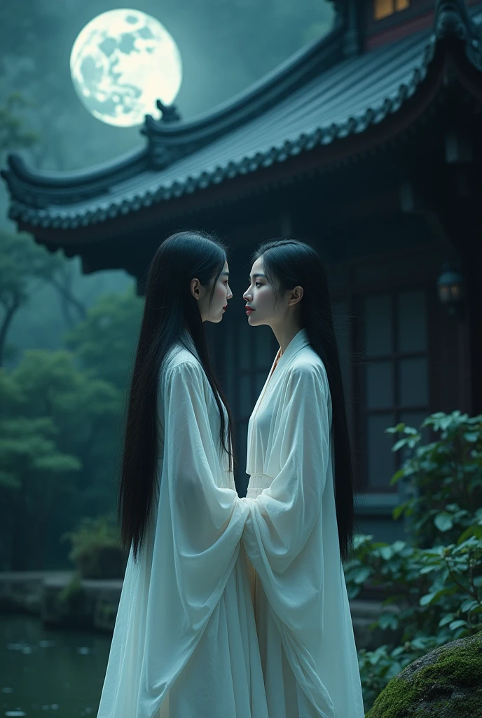 "A Chinese Ghost Story" A beautiful Chinese woman with ghostly pale skin and dark eyes wearing flowing, white robes with her long unbound black hair blowing with an invisible wind and staring at a handsome Chinese scholar as they stand beneath an ancient pagoda in a moonlit night. 