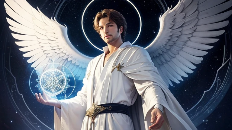 Archangel Metatron. Archangel handsome man dressed in a white robe, holding in front of him an illuminated pentragram.