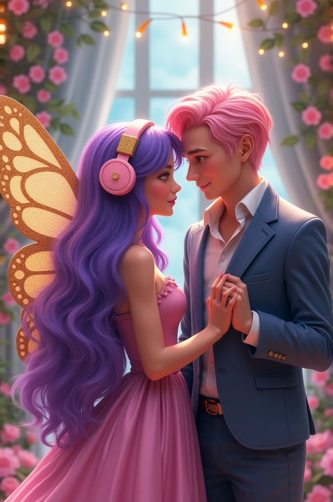 Korean purple hair butterfly woman with headphone and pink dress with gold and glitter wings and pink hair man in formal wear also cute realistic clip friendship