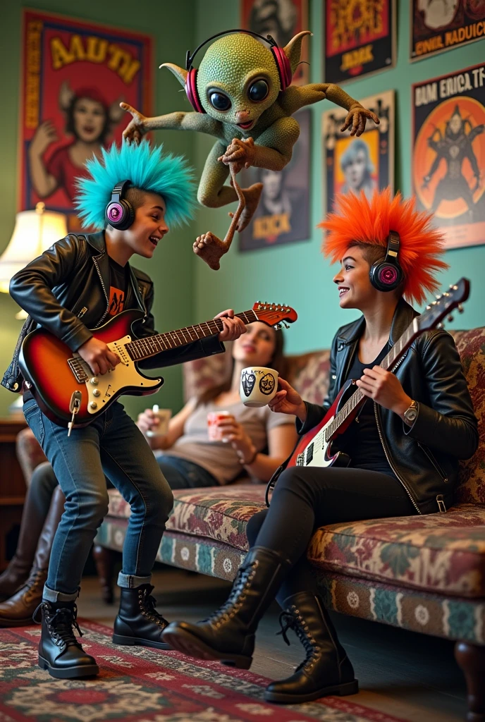 Two punk teenagers, an alien in a musical battle , and a woman with glasses sitting on the living room couch watching them