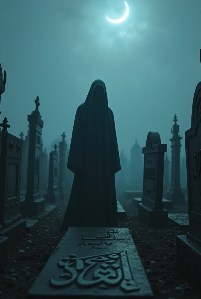 quality(masterpiece, highest quality, highest image quality, high resolution, photorealistic, RAW photo, 8K), BREAK, extremely detailed CG unified 8k wallpaper, BREAK, Kon Murshid? written on a gravestone in large, bold letters, BREAK, Muslim graveyard (old, weathered tombstones, Arabic inscriptions, crescent moon symbols on some graves, quiet and eerie atmosphere), mysterious fog, symbols of death appearing from the mist, reaching out to grab you, ominous atmosphere, a production that stirs up anxiety and fear, BREAK, 1 man (face hidden, wearing a long dark gown, slim body, standing near a grave, mysterious aura, covered head to toe, hands reaching out from the mist towards the viewer), BREAK, background (foggy Muslim graveyard, mist covering the ground, old graves, symbols of death floating in the air, reaching out to grab, thick fog, eerie lighting, dark night, unsettling atmosphere, unsettling moonlight, glowing eyes in the fog), close-up dynamic angle, BREAK, huge stunning shot with intense fear and dread in the atmosphere, hyper-realistic, cinematic quality, BREAK, (from below:1.3), (extremely high details and photorealism:1.5)