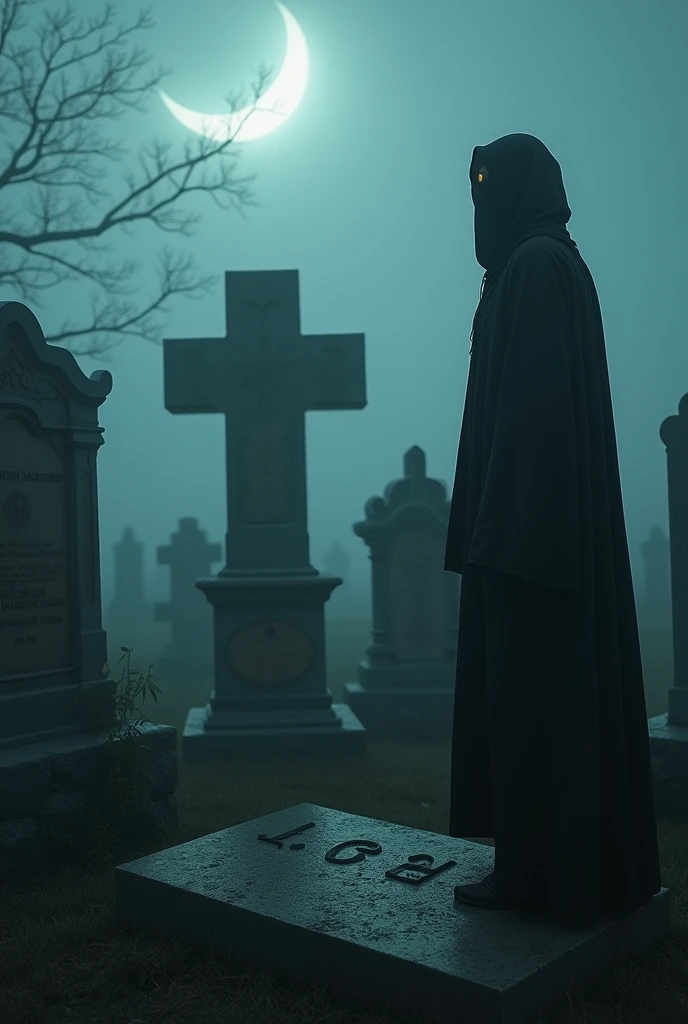 quality(masterpiece, highest quality, highest image quality, high resolution, photorealistic, RAW photo, 8K), BREAK, extremely detailed CG unified 8k wallpaper, BREAK, Kon Murshid? written on a gravestone in large, bold letters, BREAK, Muslim graveyard (old, weathered tombstones, Arabic inscriptions, crescent moon symbols on some graves, quiet and eerie atmosphere), mysterious fog, symbols of death appearing from the mist, reaching out to grab you, ominous atmosphere, a production that stirs up anxiety and fear, BREAK, 1 man (face hidden, wearing a long dark gown, slim body, standing near a grave, mysterious aura, covered head to toe, hands reaching out from the mist towards the viewer), BREAK, background (foggy Muslim graveyard, mist covering the ground, old graves, symbols of death floating in the air, reaching out to grab, thick fog, eerie lighting, dark night, unsettling atmosphere, unsettling moonlight, glowing eyes in the fog), close-up dynamic angle, BREAK, huge stunning shot with intense fear and dread in the atmosphere, hyper-realistic, cinematic quality, BREAK, (from below:1.3), (extremely high details and photorealism:1.5)
