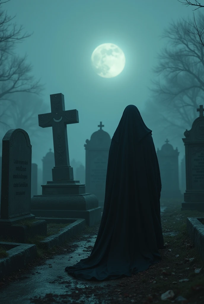 quality(masterpiece, highest quality, highest image quality, high resolution, photorealistic, RAW photo, 8K), BREAK, extremely detailed CG unified 8k wallpaper, BREAK, Kon Murshid? written on a gravestone in large, bold letters, BREAK, Muslim graveyard (old, weathered tombstones, Arabic inscriptions, crescent moon symbols on some graves, quiet and eerie atmosphere), mysterious fog, symbols of death appearing from the mist, reaching out to grab you, ominous atmosphere, a production that stirs up anxiety and fear, BREAK, 1 man (face hidden, wearing a long dark gown, slim body, standing near a grave, mysterious aura, covered head to toe, hands reaching out from the mist towards the viewer), BREAK, background (foggy Muslim graveyard, mist covering the ground, old graves, symbols of death floating in the air, reaching out to grab, thick fog, eerie lighting, dark night, unsettling atmosphere, unsettling moonlight, glowing eyes in the fog), close-up dynamic angle, BREAK, huge stunning shot with intense fear and dread in the atmosphere, hyper-realistic, cinematic quality, BREAK, (from below:1.3), (extremely high details and photorealism:1.5)