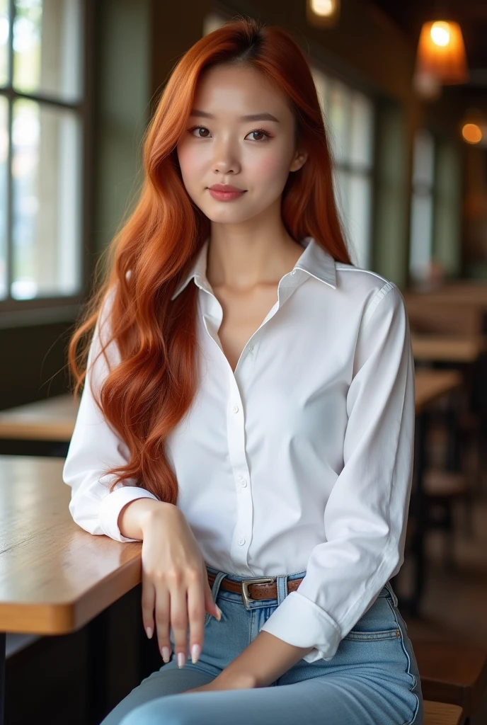 Thai woman, adult, white skin, long red hair, wear white shirt, lightblue  jeans, canvas shoes, 4k,sit on table,full body