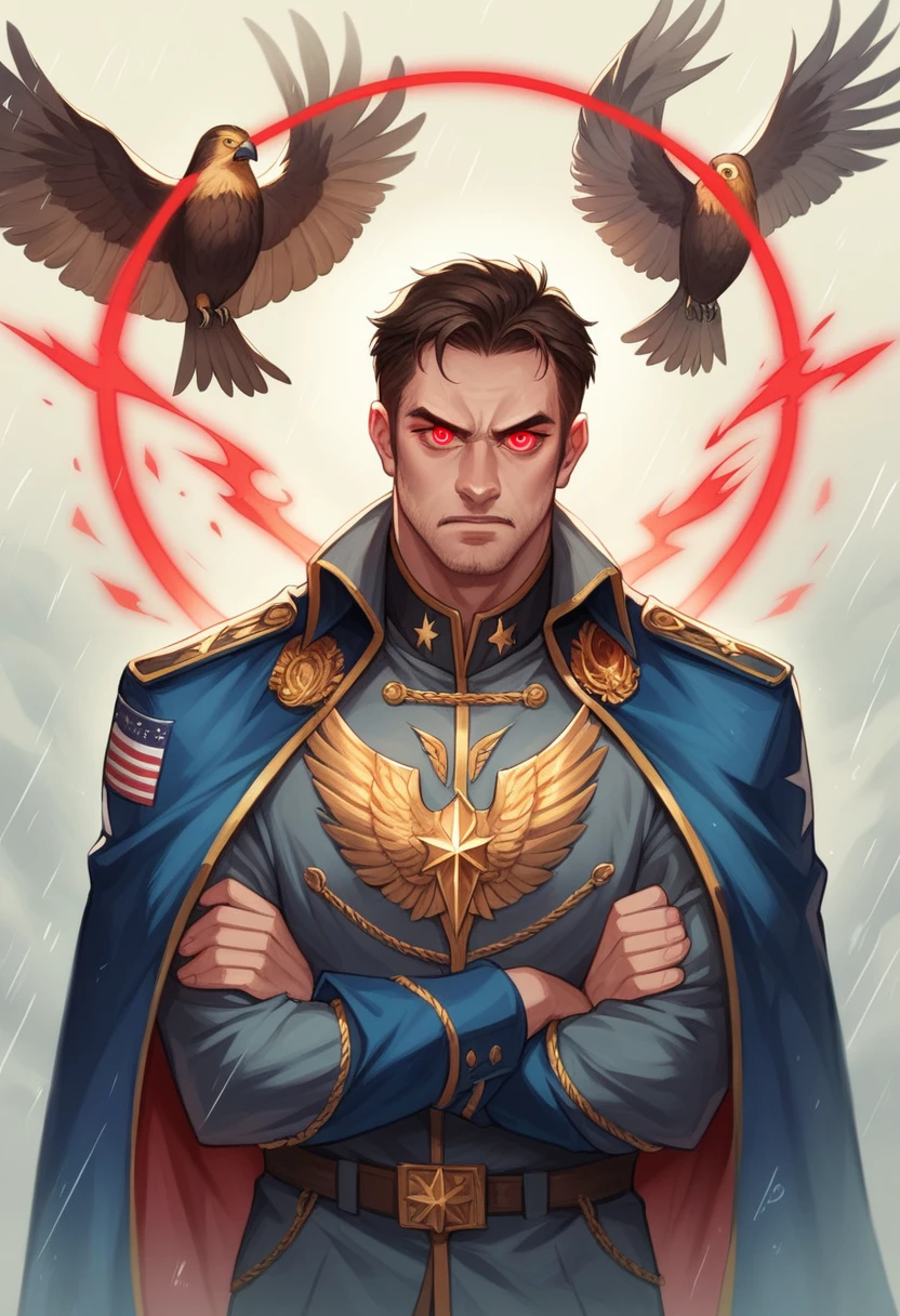 an epic scene a blond evil super, with an outfit similar to the america, red laser eyes, wears a blue and gold uniform, with a cape that flutters in the wind, adorned with a golden eagle on the right shoulder. an upright and confident posture, a sadistic face, with shoulders relaxed but ready to strike at any moment. He stands straight, his chest puffed out with confidence and his arms crossed tightly behind his backHe hovers in the air in a dark and rainy city realistic art
