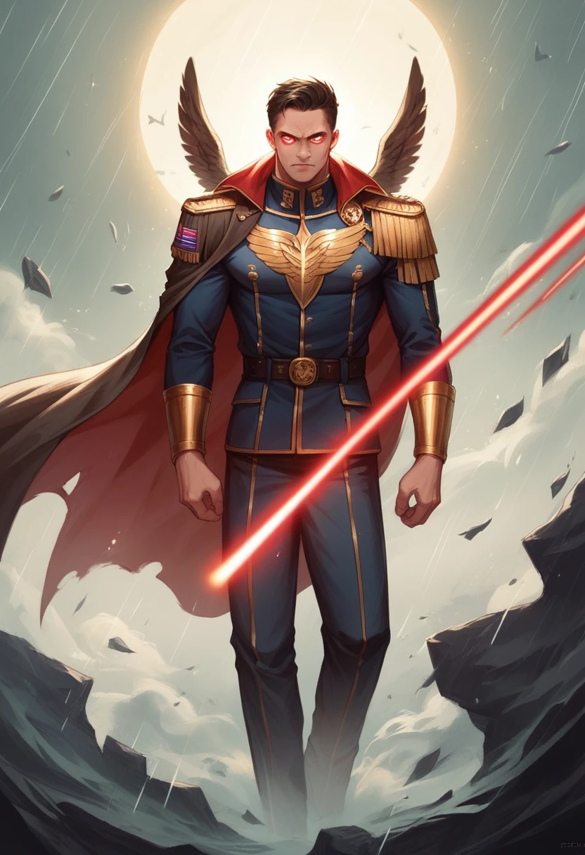 an epic scene a blond evil super, with an outfit similar to the america, red laser eyes, wears a blue and gold uniform, with a cape that flutters in the wind, adorned with a golden eagle on the right shoulder. an upright and confident posture, a sadistic face, with shoulders relaxed but ready to strike at any moment. He stands straight, his chest puffed out with confidence and his arms crossed tightly behind his backHe hovers in the air in a dark and rainy city realistic art