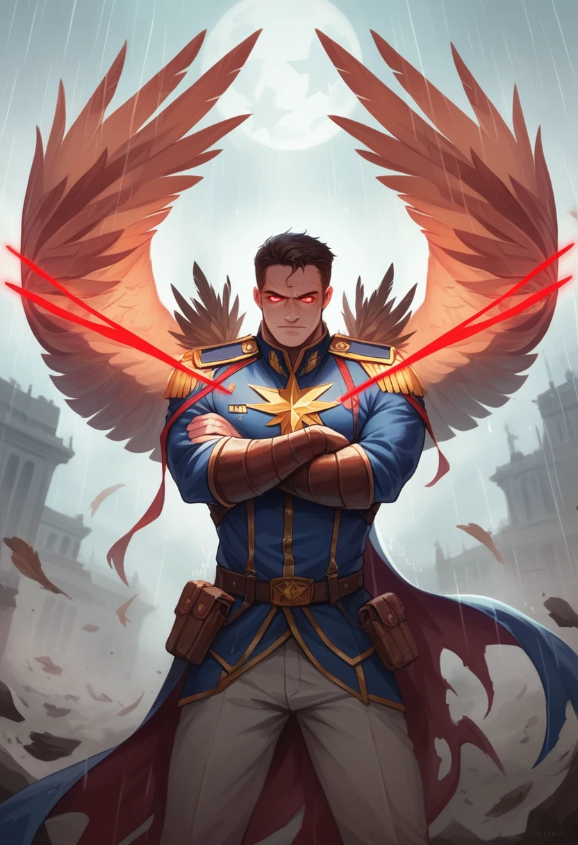 an epic scene a blond evil super, with an outfit similar to the america, red laser eyes, wears a blue and gold uniform, with a cape that flutters in the wind, adorned with a golden eagle on the right shoulder. an upright and confident posture, a sadistic face, with shoulders relaxed but ready to strike at any moment. He stands straight, his chest puffed out with confidence and his arms crossed tightly behind his backHe hovers in the air in a dark and rainy city realistic art