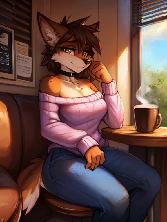 fluff-kevlar, by Zackary911, by Kenket, by Kilinah, by fluff-kevlar, (masterpiece), (best quality), (anthro furry:1.3, snout:1.2, anthro:1.3, furry:1.2, solo female:1.2), (extremely detailed:1.3), (extremely detailed eyes), (muscular figure, thick figure), (wide hips), (thick thighig breastlack jeans, choker, wearing an off-shoulder sweater, day time, (coffee shop background), sitting in a booth, (perfect posture, king expression)