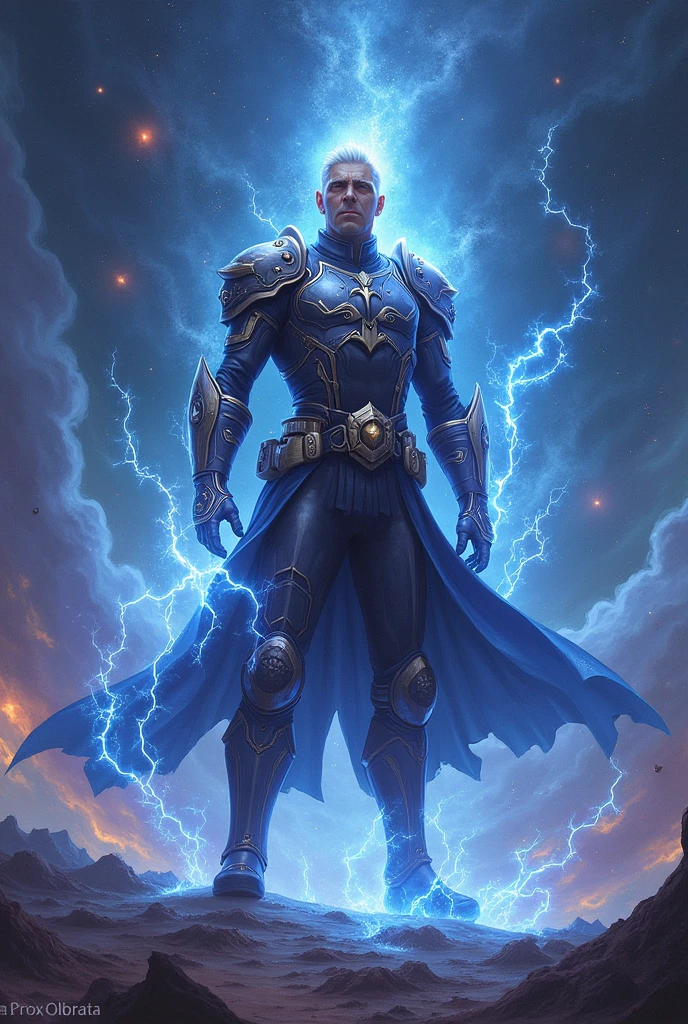 **Pose and Appearance:**
- **Posture**: Admiral Gufran stands confidently, perhaps in the middle of the battlefield or in a dominant position in empty space. His body was surrounded by a cosmic aura that showed the power and control he possessed.
- **Facial Expressions**: His face shows calm and strength, with eyes that shine or radiate cosmic light indicating the power within him.
**Void and Cosmic Effects:**
- **Void Effect**: Around Gufran, there is an area that looks like a small black hole or vortex that sucks in matter and energy. There may be visual effects such as space distortion or areas that appear to be missing nearby.
- **Cosmic Energy**: Gufran is surrounded by shimmering cosmic light or energy, possibly blue or purple, that flows out of his body or forms geometric shapes around him.
- **Gravity Manipulation**: There may be visible gravitational effects, such as objects floating in the air or surfaces appearing to curve around the Gufran.
**Environment:**
- **Cosmic Dimensions**: The image background may be a cosmic landscape or other dimension that is warped or mixed with void effects. This could include stars, galaxies, or strange space structures.
- **Void Influence**: The area around Gufran may appear lost or scarred by his void power, with objects or light being drawn into it.
**Accessories and Details:**
- **Clothing**: Admiral Gufran may wear military clothing or armor with a futuristic or cosmic design, possibly with symbols indicating Cosmic Devil Fruit powers.
- **Weapon or Tool**: If he is holding a weapon, it may appear to be an energy weapon or have prominent cosmic effects. Add hair