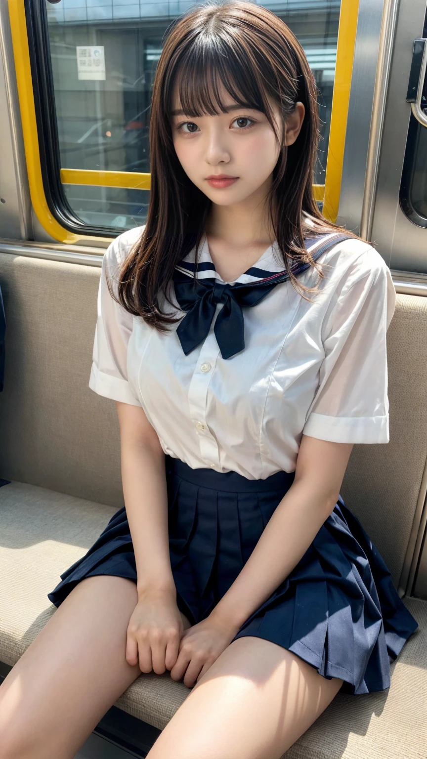 masterpiece, best quality, illustration, Super detailed, fine details, High resolution, 8K,wall paper, perfect dynamic composition,(Details High quality, realistic depiction of eyes:1.3), Black Sailor Uniform, serafuku, Navy pleated skirt, sitting, open legs, short bob hair, Sitting on a train in Tokyo, deep on field, large breasts, black hair color, Big Natural Color Lip, (perfect body shape), crying a little、Harajuku style、20 year old girl、cute type、beautiful legs, Gravure Idol