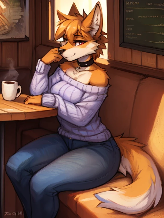 fluff-kevlar, by Zackary911, by Kenket, by Kilinah, by fluff-kevlar, (masterpiece), (best quality), (anthro furry:1.3, snout:1.2, anthro:1.3, furry:1.2, solo female:1.2), (extremely detailed:1.3), (extremely detailed eyes), (muscular figure, thick figure), (wide hips), (thick thighig breastlack jeans, choker, wearing an off-shoulder sweater, day time, (coffee shop background), sitting in a booth, (perfect posture, king expression)