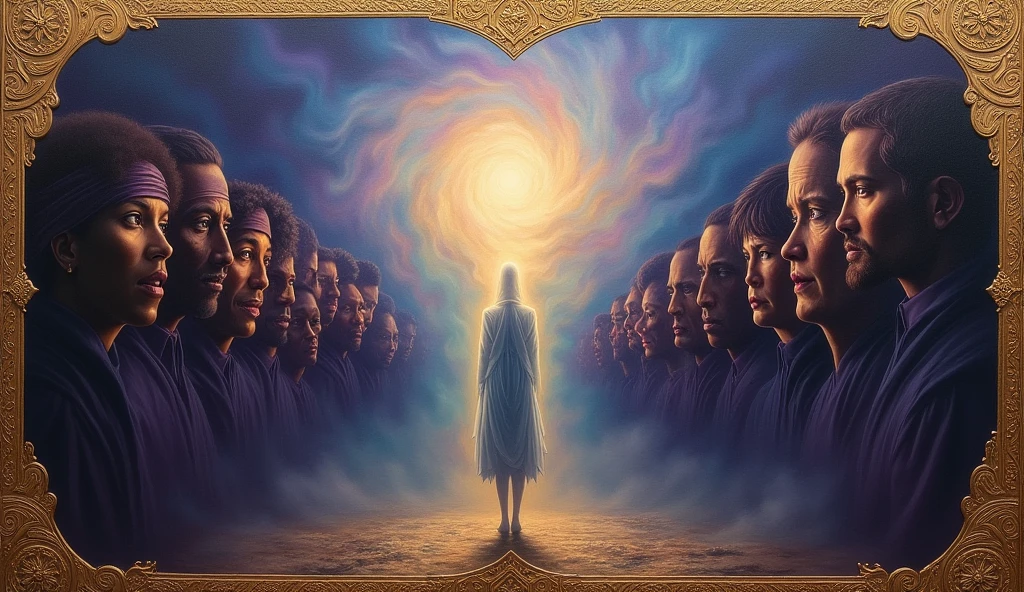 oil painting, beacon of wisdom, hidden faces group