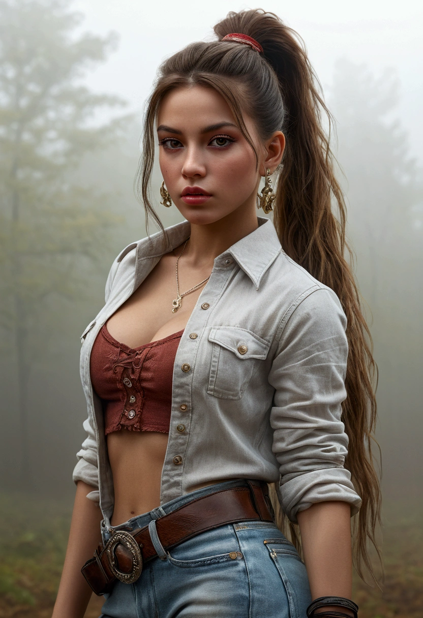 (wide shot, full body best quality, 4k, 8k, high resolution, masterpiece: 1.2), ultra detailed, (realistic, photorealistic, photorealistic: 1.37), 1 girl in the middle of a thick fog: 1.5, hip-hop style outfit, high ponytail, incredibly long hair, cowgirl pose, looking at viewer, leaning forward, by Santiago Caruso, by Mike Azevedo, detailed eyes, detailed lips, extremely detailed face, long eyelashes, dynamic pose, colorful, vibrant colors, warm lighting