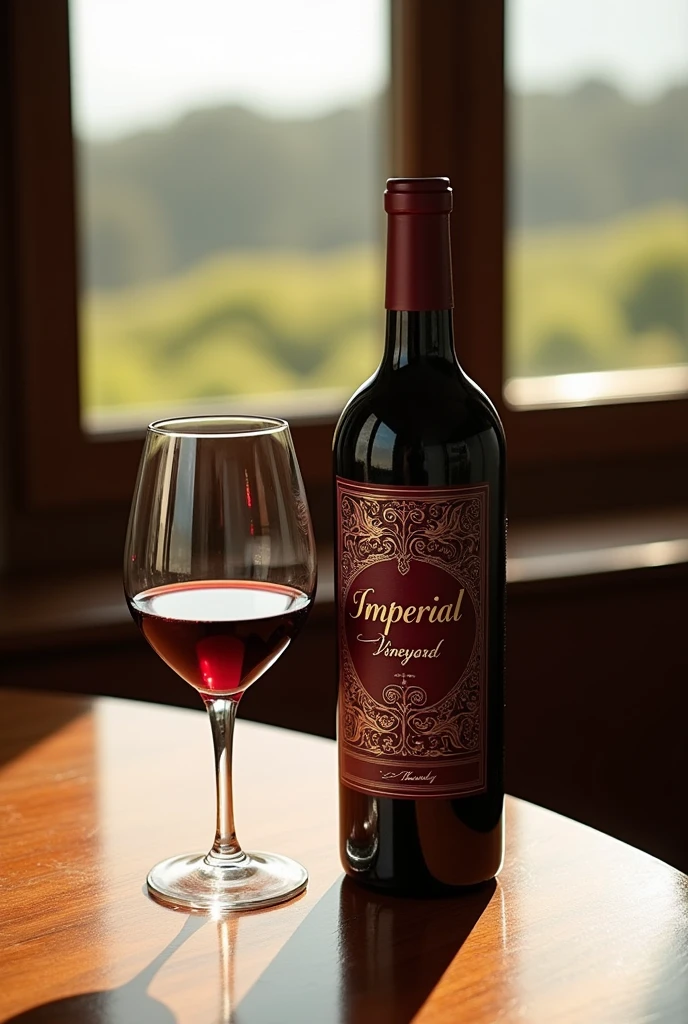 create a realistic and detailed wine bottle and glass on the table where the wine bottle label is called "imperial vineyard" with sophisticated colors