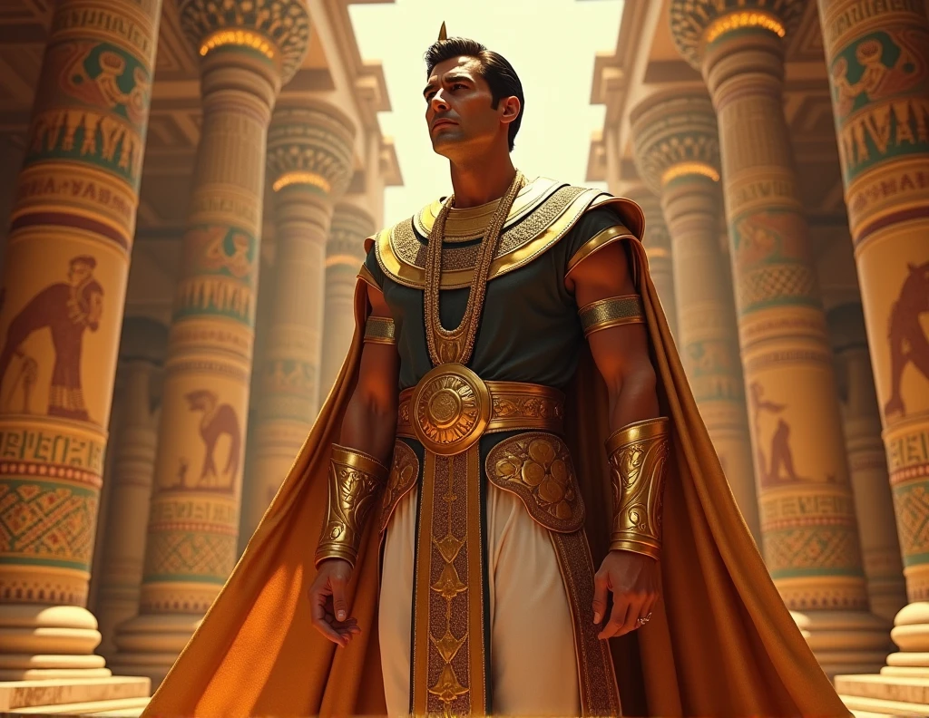 Pharaoh
Appearance:
Age: Middle-aged, with a commanding presence.
Facial Features: Strong and authoritative face, often with a serious or contemplative expression.
Hair: Short and neatly styled, sometimes adorned with a crown or headpiece.
Outfit:
Royal Attire: Opulent robes in gold or deep royal colors, with elaborate patterns and heavy embroidery. A decorative headdress or crown is worn.
Special Occasions: More formal attire, including a ceremonial robe or cloak.
