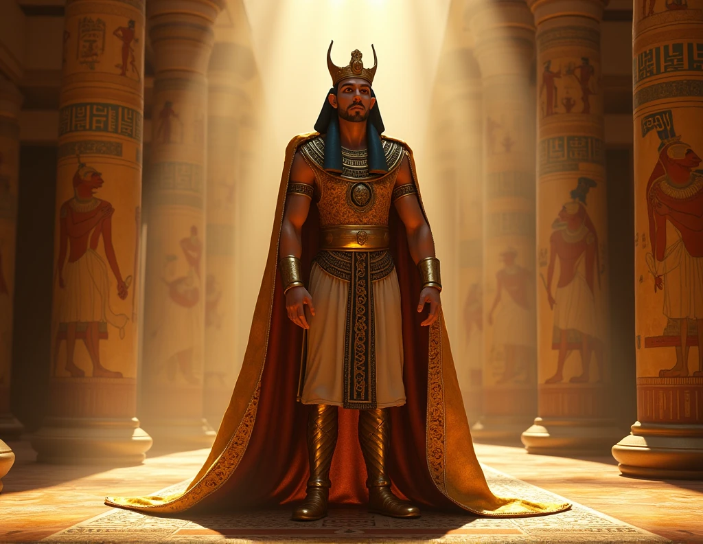 Pharaoh
Appearance:

Age: Middle-aged, with a commanding presence.
Facial Features: Strong and authoritative face, often with a serious or contemplative expression.
Hair: Short and neatly styled, sometimes adorned with a crown or headpiece.
Outfit:

Royal Attire: Opulent robes in gold or deep royal colors, with elaborate patterns and heavy embroidery. A decorative headdress or crown is worn.
Special Occasions: More formal attire, including a ceremonial robe or cloak.