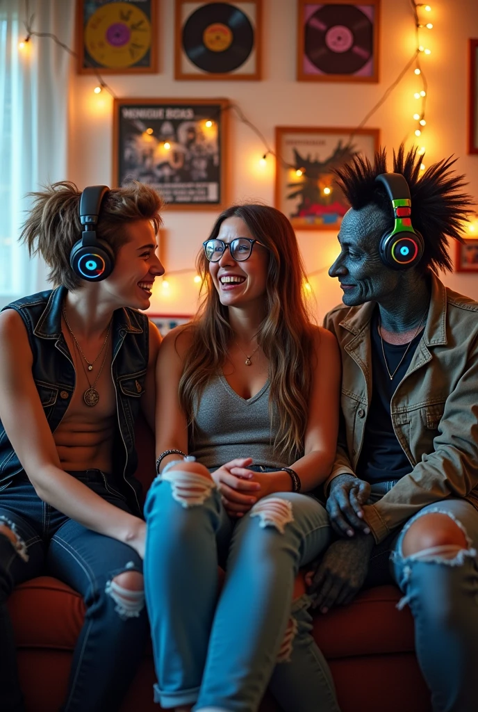 Two punk teenagers, an alien in a musical battle , and a woman with glasses sitting on the living room couch watching them 