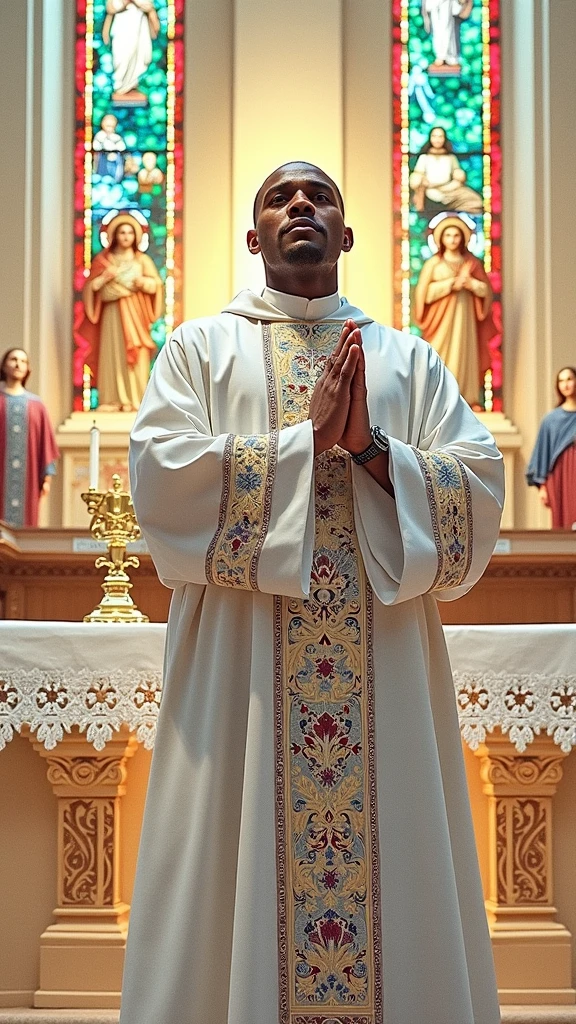 Painting of a young bald Catholic priest, celebrating mass in a church with many windows, through which light enters
