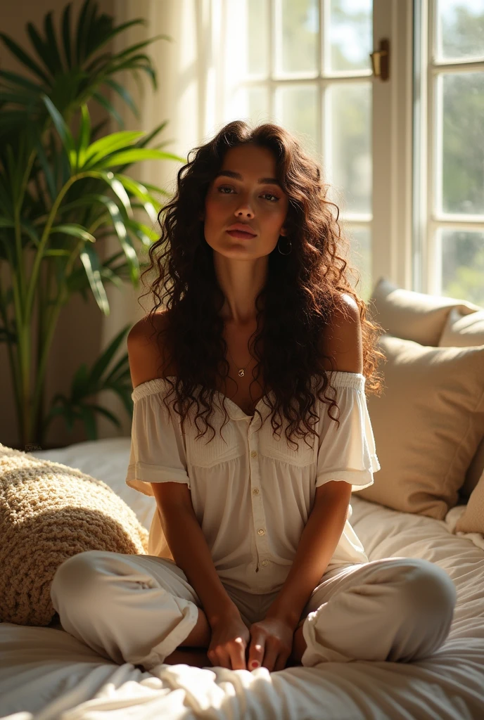 (photorealism:1.2), beautiful woman, sitting on bed, wearing loose off-shoulder top, pajama pants, long curly hair, indoors, soft lighting, plants in background, window with sunlight, cozy room, relaxed pose, realistic, intricate details, warm colors, by Greg Rutkowski, by Alphonse Mucha