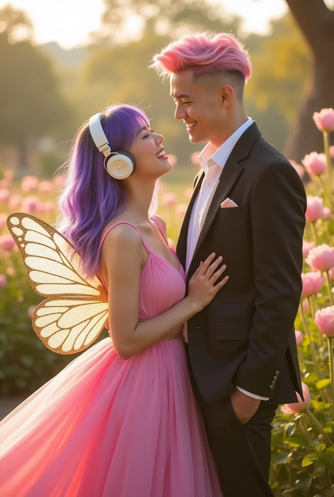 Korean purple hair butterfly woman with headphone and pink dress with gold and glitter wings and pink hair man with formal wear also cute clip realistic friendship realistic friendship