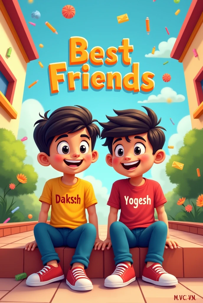 2 friends siting on the school name is M.V.C.V.N, one boy name "DAKSH" written on the shirt and another boy name "YOGESH" written on the t shirt 2d cartoon behind the cartoon best friend text