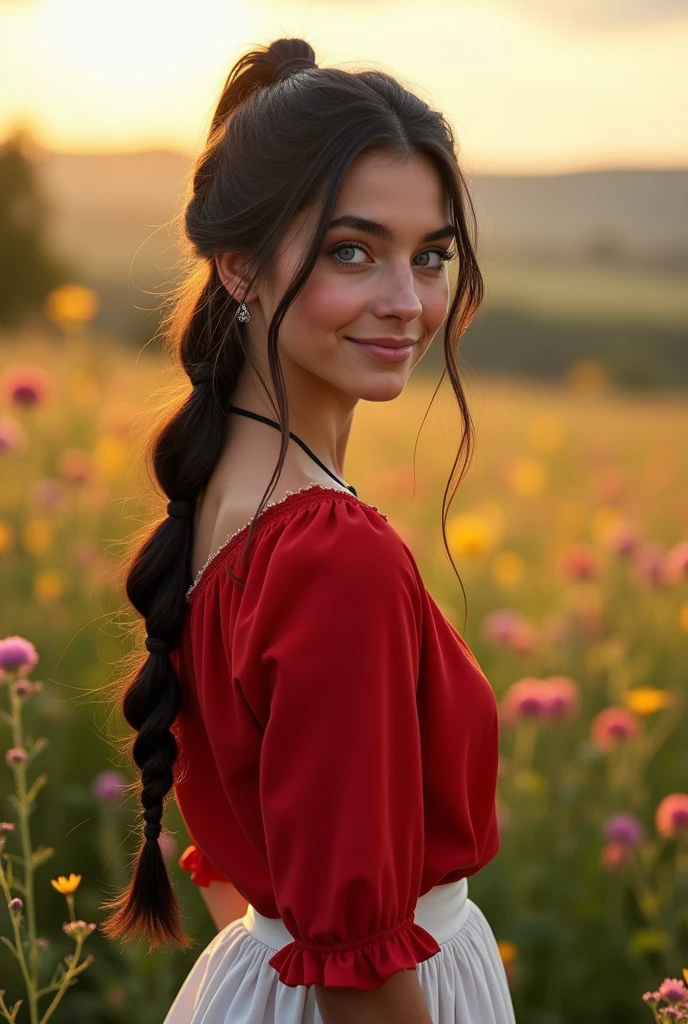 A highly realistic, detailed portrait of a young Italian woman with long, black hair braided into a ponytail. She has striking blue eyes and a beautiful, natural smile. The woman is not wearing any makeup, showcasing her natural beauty. She is dressed in a red shirt and a white skirt, standing in an outdoor setting during the golden hour. The background features a serene Italian countryside with soft, warm lighting casting gentle shadows, emphasizing the vibrant colors of her clothing and the rich details of her face and hair