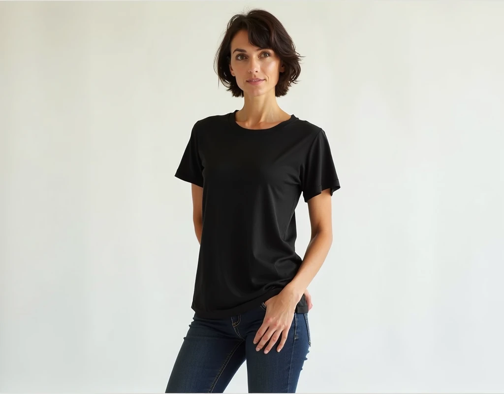 thin brunette woman, around 35 years old, short hair, wearing a black cotton t-shirt, showing her face down to the beginning of her legs. wearing jeans. clean background