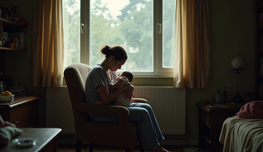 mother with a baby on her lap worried about lack of money
