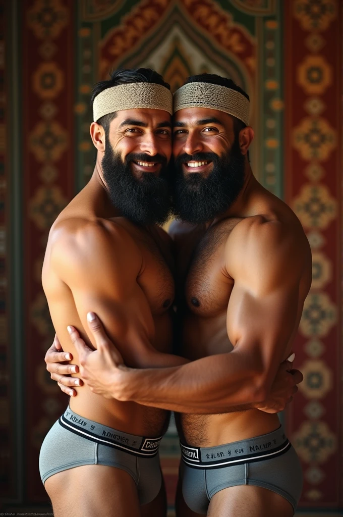 Father and son. white fundoshi loincloth!!!Wearing white Japanese thongs , smile, short hair, black hair, navel, sitting, fundoshi loincloth!!!, male focus, thighs, japanese clothes, multiple boys, dark skin, 2boys, stomach, pubic hair, muscular, headband, facial hair, thick thighs, abs, pectorals, muscular male, white towel, bara, beard, large pectorals, bulge, topless male, sideburns, mature male, male underwear, hachimaki, fundoshi, navel hair, white male fundoshi loincloth (Chest hair:1.8)