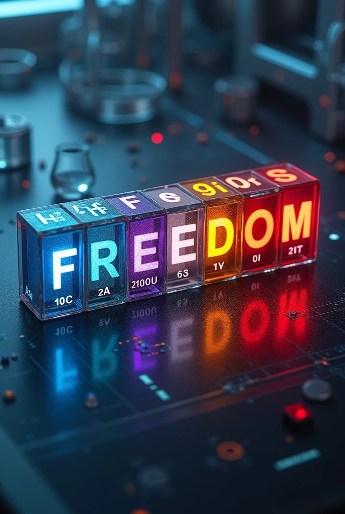 The word 'FREEDOM' spelled out using chemical elements from the periodic table. Each letter is by an element's symbol: 'F' for Fluorine (F), 'R' for Rutherfordium (Rf), 'E' for Einsteinium (Es), 'D' for Dubnium (Db), 'O' for Oxygen (O), and 'M' for Molybdenum (Mo). The image should look like a stylized periodic table with each element's box showing its chemical symbol and atomic number. The design should be modern and visually appealing, with the elements arranged to spell out the word clearly.