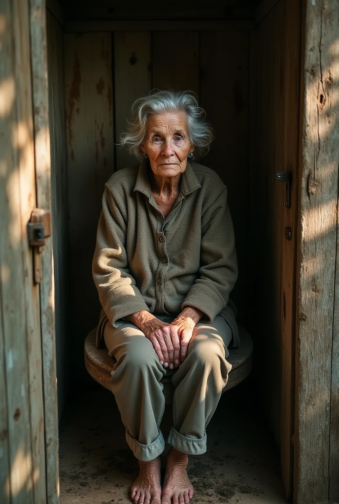 naked old women inside a outhousetoilette with a hole naked sitting/squating