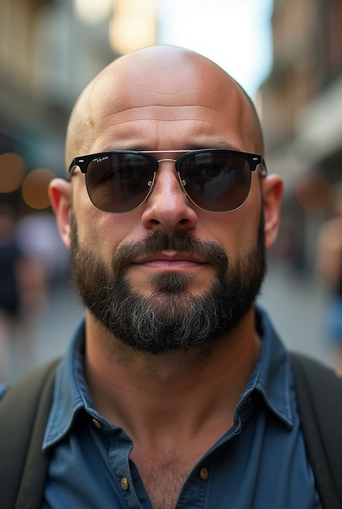 I need you to make a man with a handsome, strong, bald face and a slightly full face as if he were a little chubby., and the image needs to be from the shoulder up and the nose a little flatter than the beard and the wearer of sunglasses