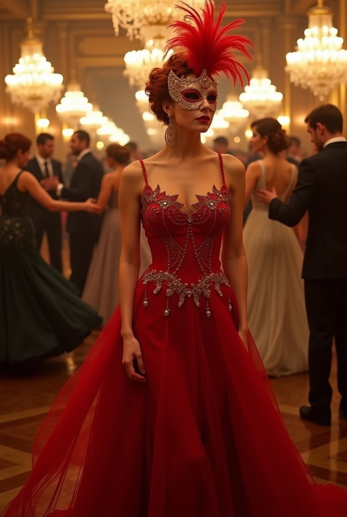 Redhead woman in long red dress and ball mask ,fully body