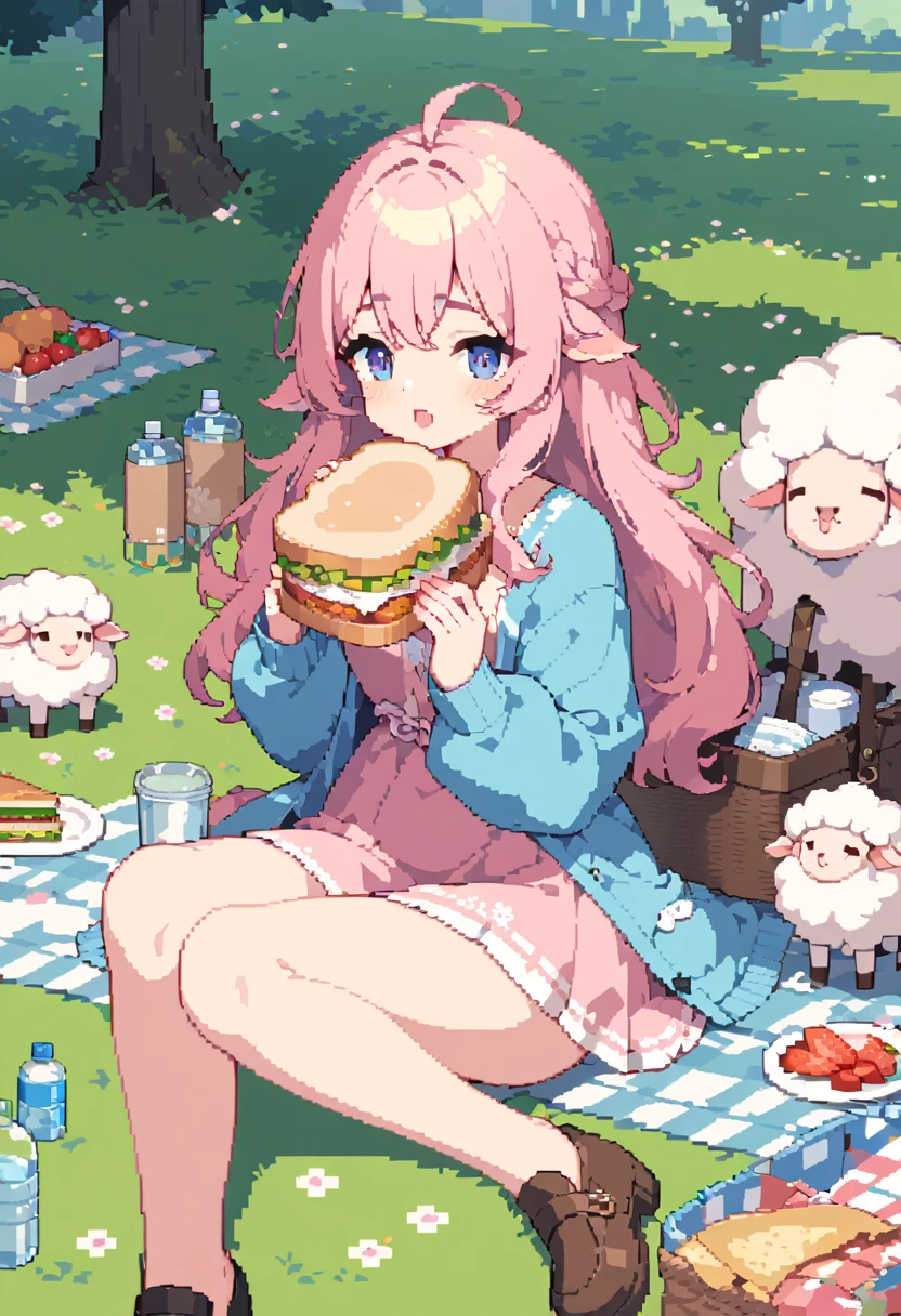 masterpiece, Highest quality, 8k, Beautiful pixel art, Vivid, Sheep, young woman, Open your mouth, ((Fluffy hair)), Long Hair, Hair like sheep's hair, Pink Hair, eyebrow, 太いeyebrow大きな目の人形1体，Pink dress, Blue cardigan, Brown shoes, grassland, picnic, Basket with packed lunches, Eating a sandwich, Water bottle, Sitting on a plaid sheet