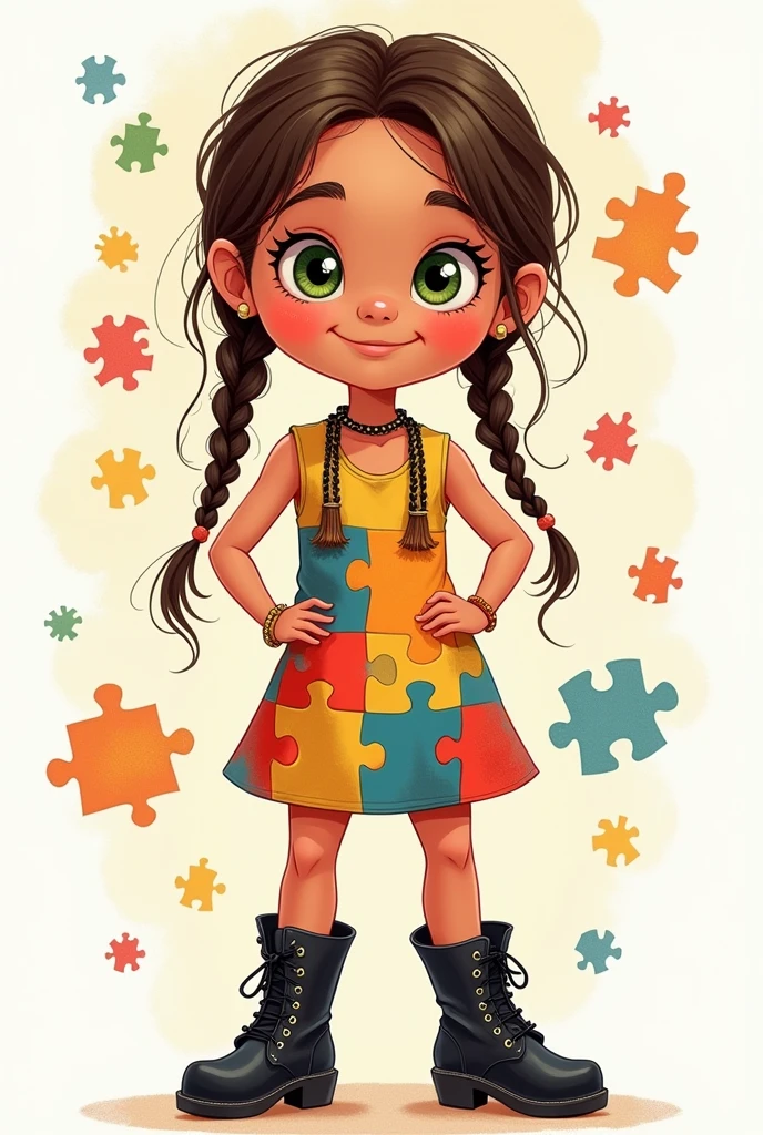 create an illustration for me with the symbol that represents autism, with a 4 year old girl with green eyes and dark blonde hair, with braid "Maria Chiquinha" with some loose curls from the braid, wearing a pair of black boots with heels, posing holding the waist