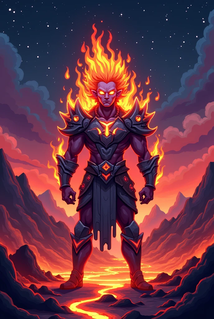 Create an pixelated character with the title of PyroDivided as a male