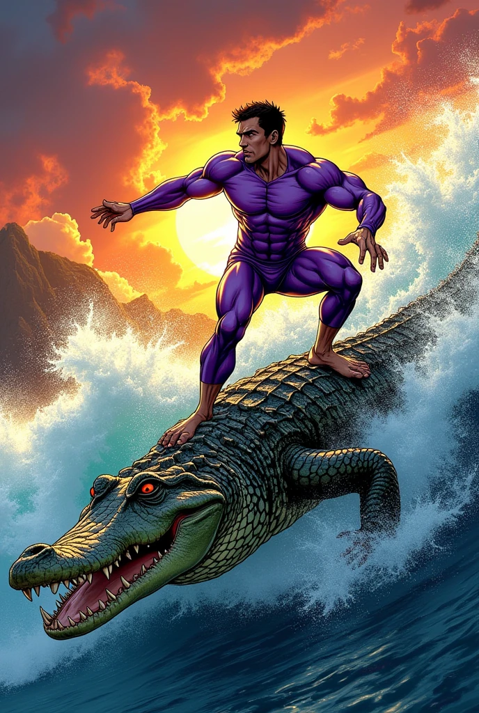 Nice time, muscular and purple surfing on a giant crocodile, in a chase on the high seas
