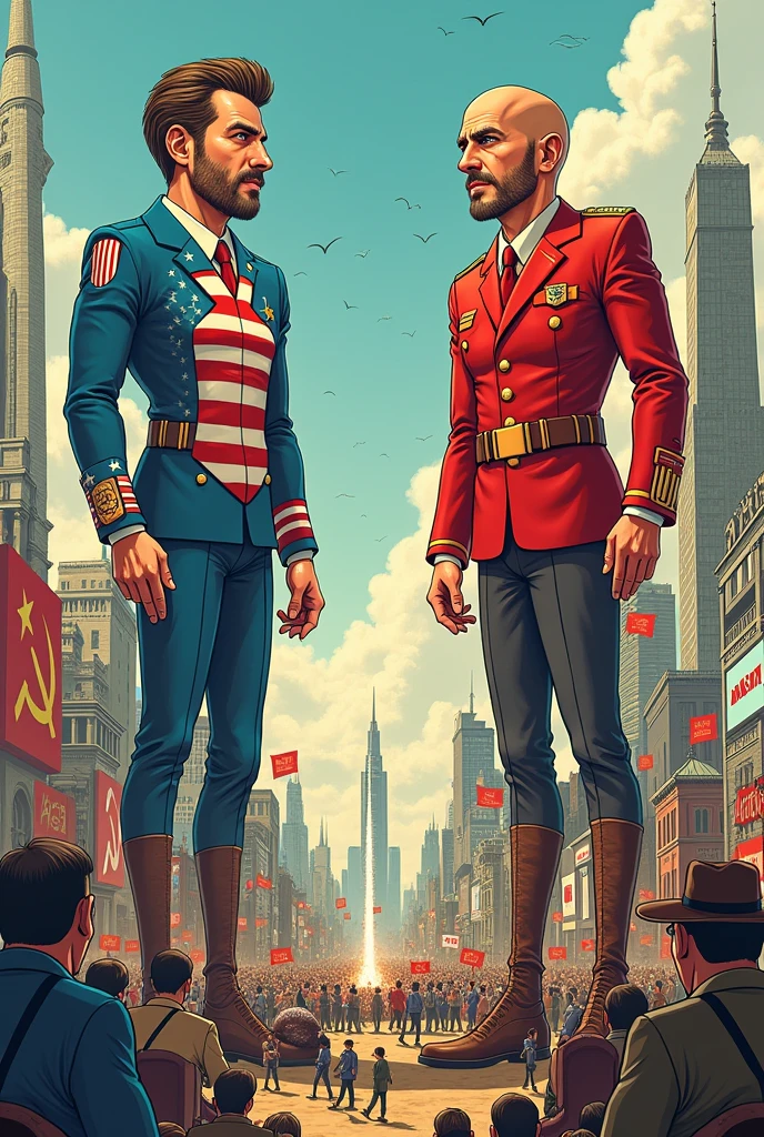 Create a cartoon about the Cold War, containing ideologies of the USA and the USSR, their two quarreled Do this without any speech, letters or words