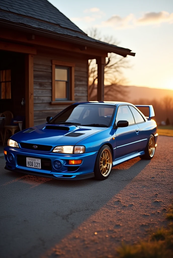 Subaru GC8 ,blue,Gold wheels, Park in front of the garage, At dawn, Realistic,wrc