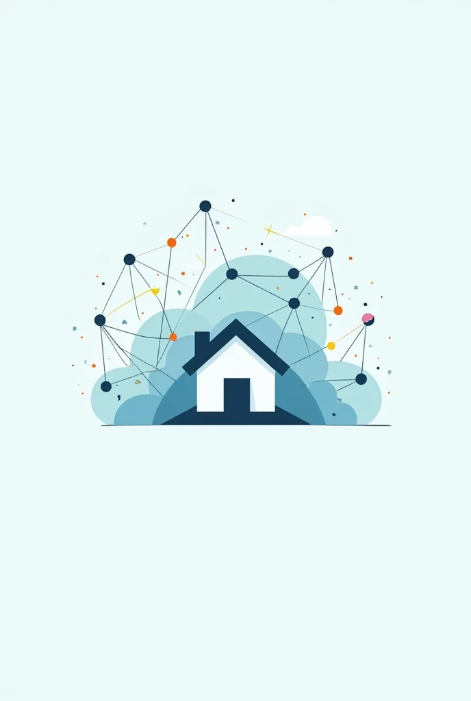 minimalist logo: A house inside a cloud of social network connections 