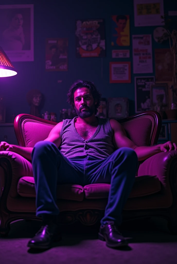 80s movie poster of a man sitting on a sofa in the dark and his eyes glow purple