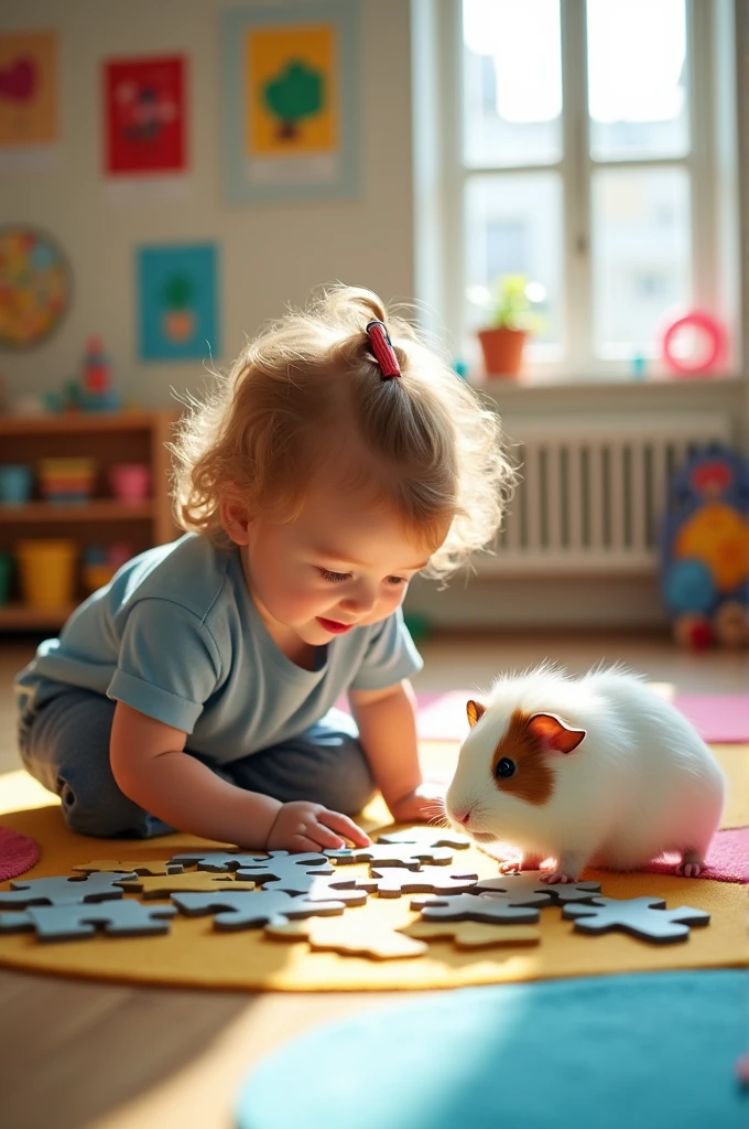 A white guinea pig with brown spots, Jigsawing with a toddler, in a very colorful and beautiful school center