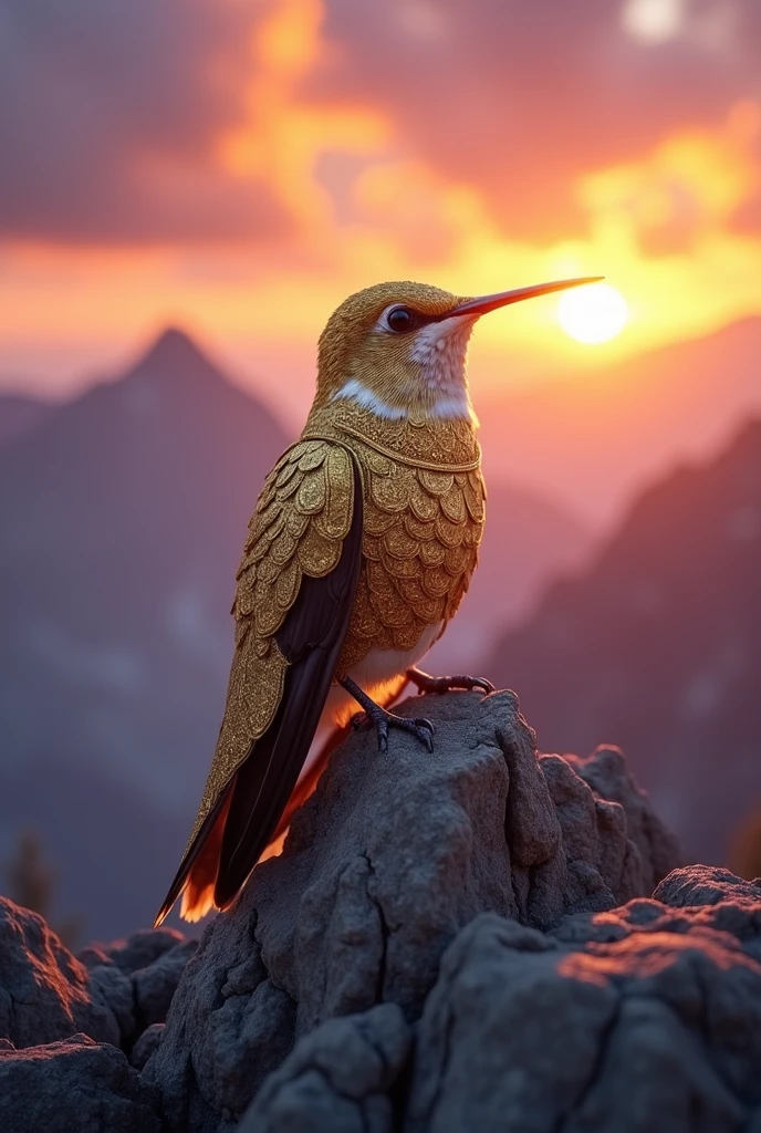 (Close-up of a majestic masterpiece:1.5)0.9], (Strong and united hummingbird:1.2), (Detailed golden armor:1.1), (Perched on top of an epic mountain:1.2), (Landscape at dusk:1.0), (Radiant light around the hummingbird:1.1), (Epic scenery symbolizing unity and determination:1.0)