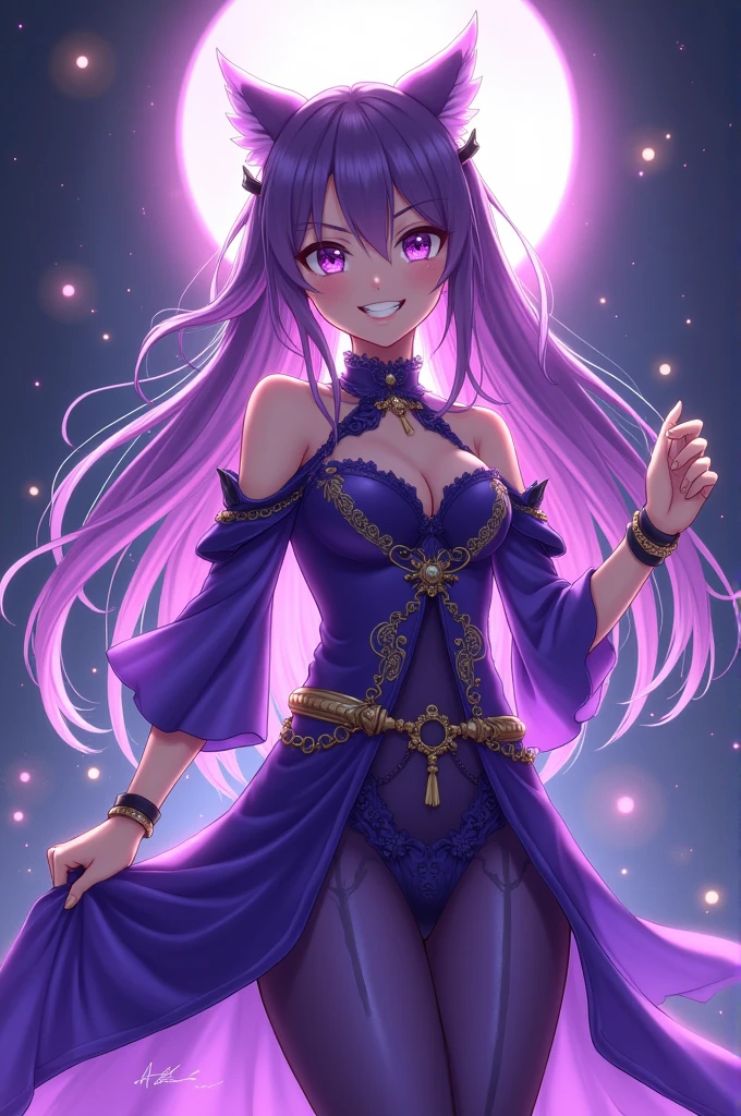 anime girl with purple hair and purple eyes in a purple outfit, ayaka genshin impact, [[[[grinning evily]]]], akasuki voidstar, onmyoji portrait, hajime yatate, anime moe artstyle, portrait knights of zodiac girl, keqing from genshin impact, ayaka game genshin impact, she has no clothes on and her nipples are very perky