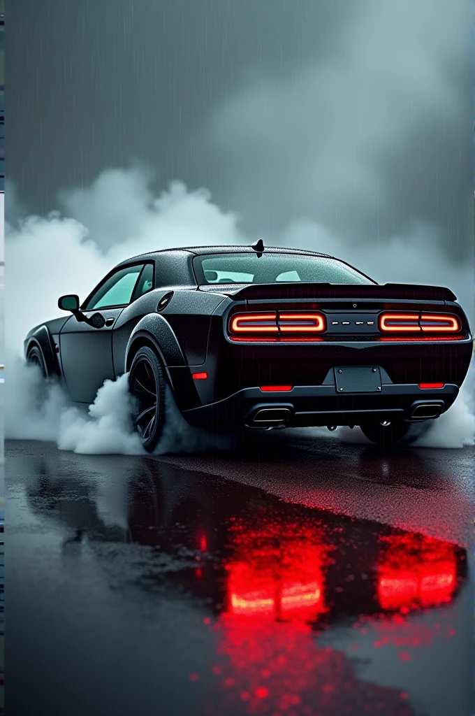 Dodge challenger black colours tire smoke red headlights monster look on rainy season