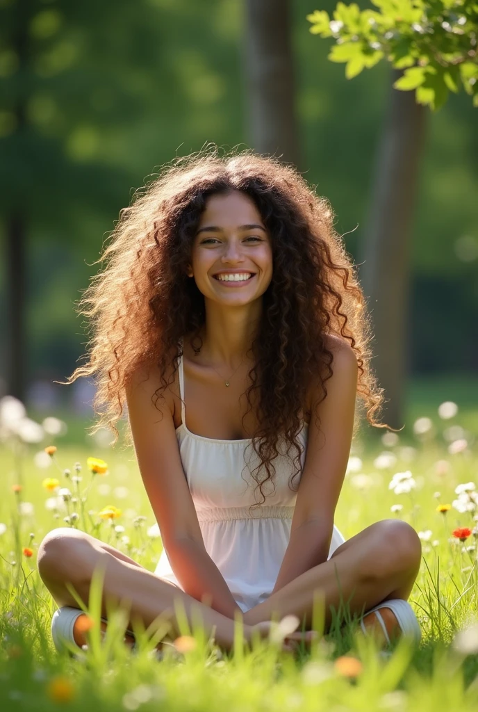 A brunette girl with curly hair and big breasts sits with her legs stretched out, taking a realistic photo