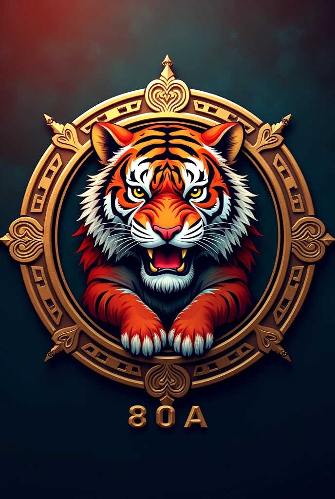 Make a team shield with a fortune tiger in the middle in a circular shape with 8⁰A written on top and below