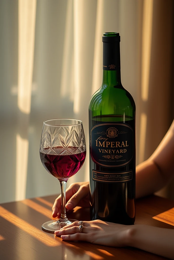 create a realistic and detailed wine bottle and glass with someone holding it where only the hands appear where the wine bottle label is called "imperial vineyard" with sophisticated colors